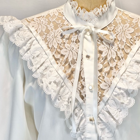 VINTAGE lace ruffle fancy blouse button down Victorian high neck ribbon bow 80s - Picture 7 of 14